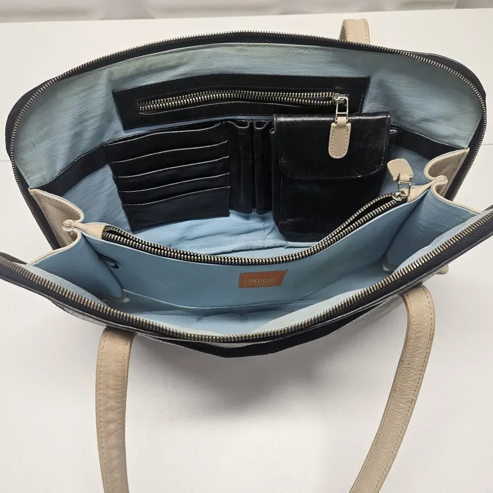 Latico Black & Tan Leather Briefcase Shoulder Bag Purse Satchel Carry Large